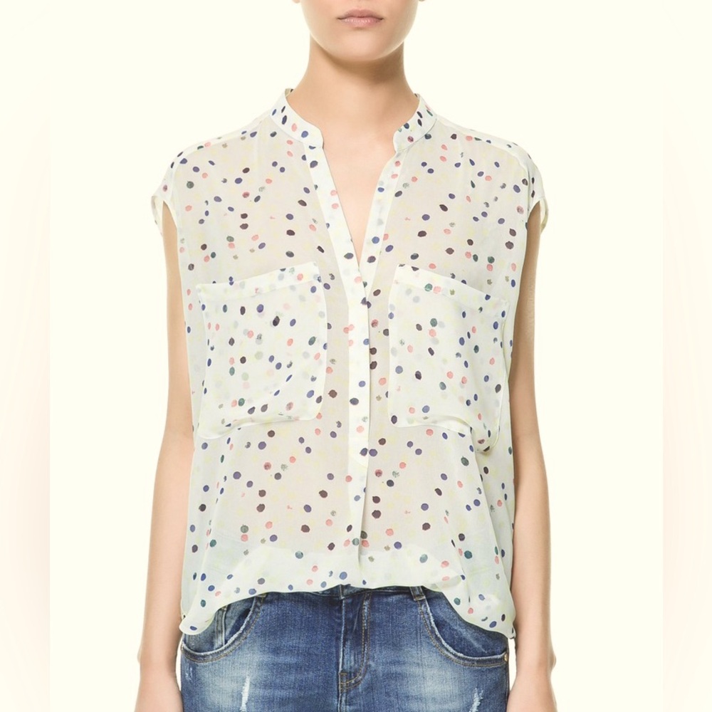 Zara Rainbow Polka Dot Sheer Button-Down Blouse Size M